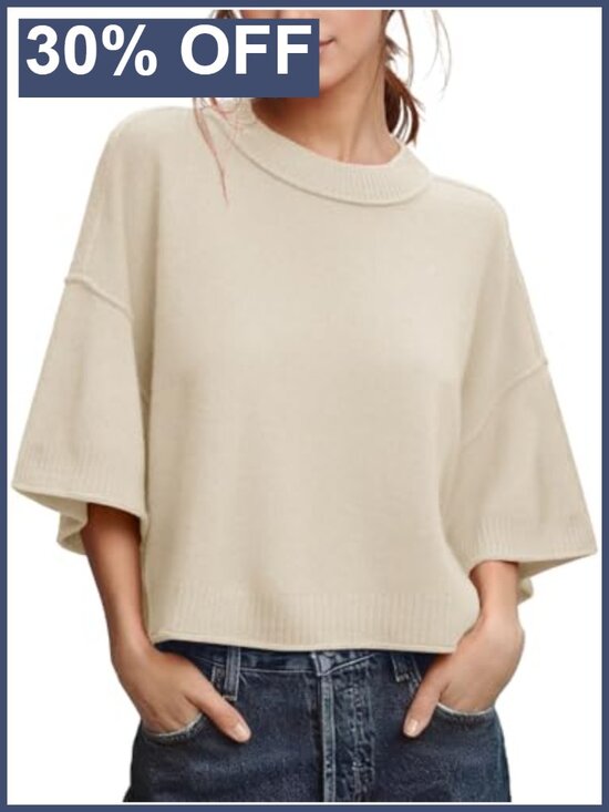 Sweaters - Oversized Cropped Knit Sweater Pullover Crew Neck 3/4 Sleeve Loose Fit Casual